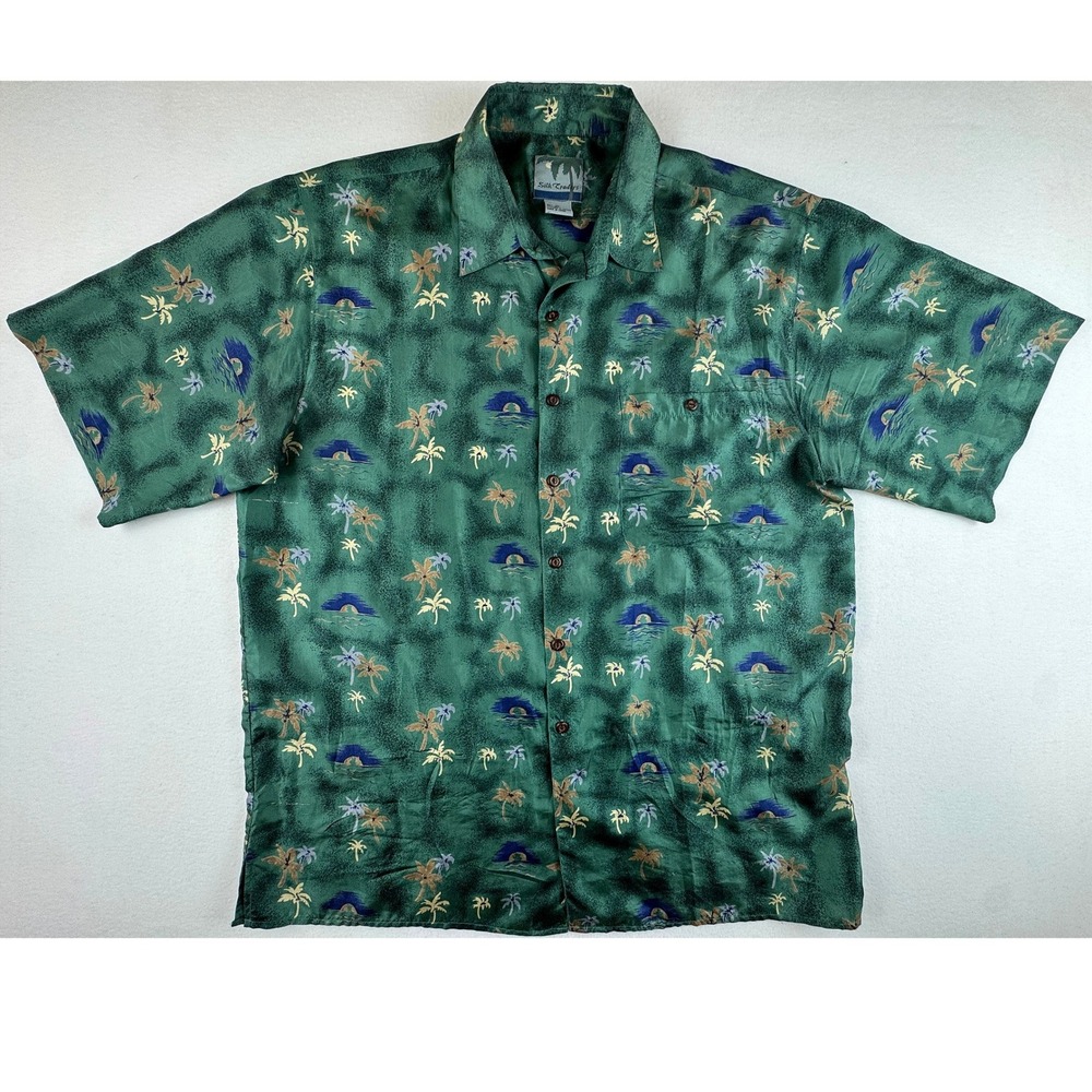 Silk Traders Hawaiian Shirt Mens XL Green 100% Silk Tropical Sunset Palm Tree‎